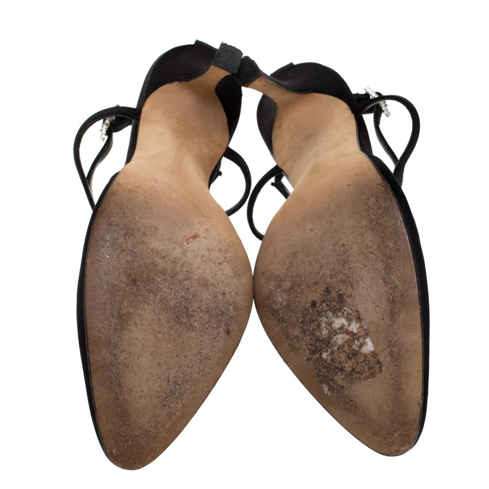 Manolo Blahnik Black Satin Crystal Flower Embellished T- Strap Sandals Size 38 3