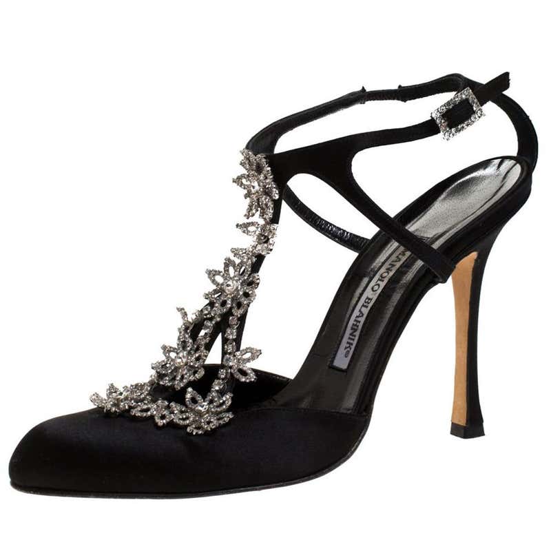 Manolo Blahnik Black Satin Crystal Flower Embellished T- Strap Sandals ...