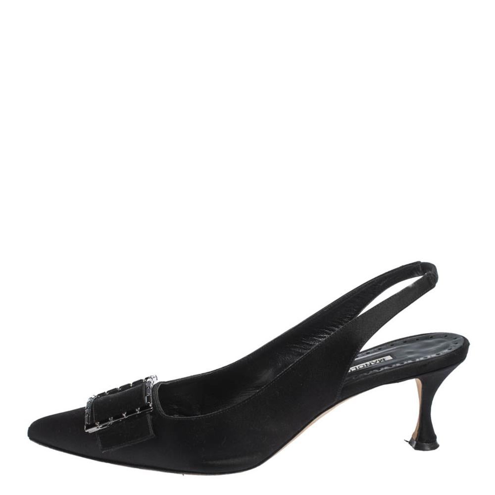 Manolo Blahnik Black Satin Dolores Pointed Toe Slingback Sandals Size 39.5 In Fair Condition In Dubai, Al Qouz 2