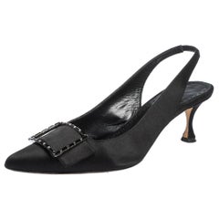 Manolo Blahnik Black Satin Dolores Pointed Toe Slingback Sandals Size 39.5