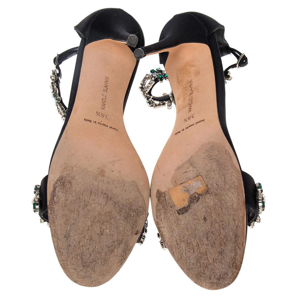 Manolo Blahnik Black Satin Embellished Ankle Strap Sandals Size 38.5 In Good Condition In Dubai, Al Qouz 2
