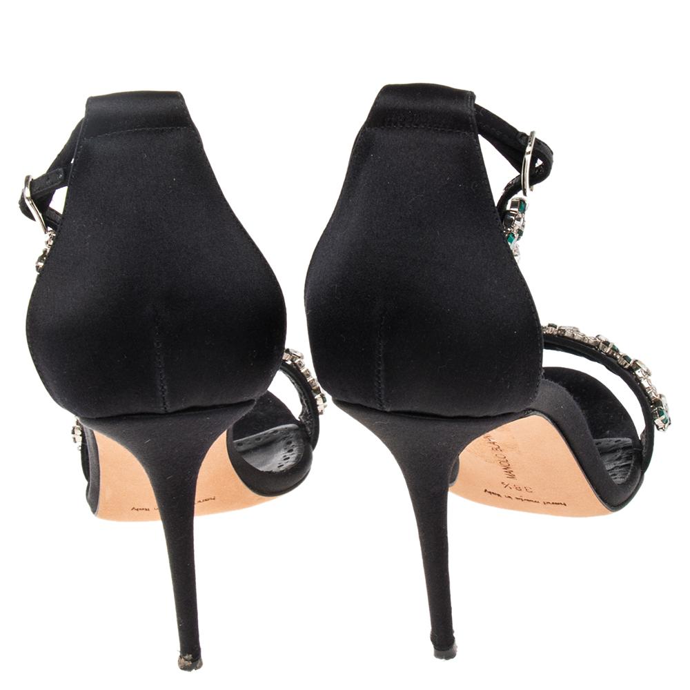 Women's Manolo Blahnik Black Satin Embellished Ankle Strap Sandals Size 38.5