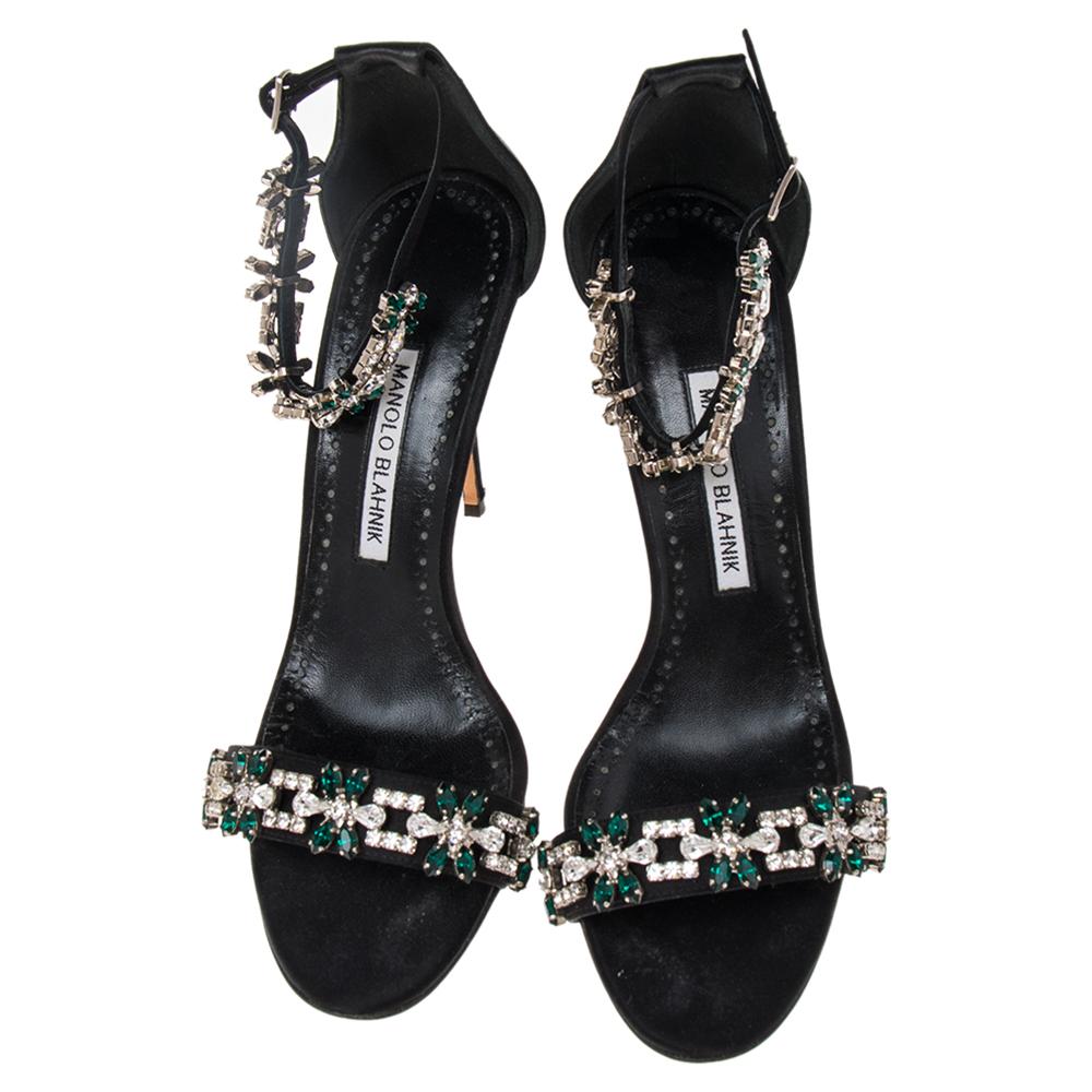 Manolo Blahnik Black Satin Embellished Ankle Strap Sandals Size 38.5 2