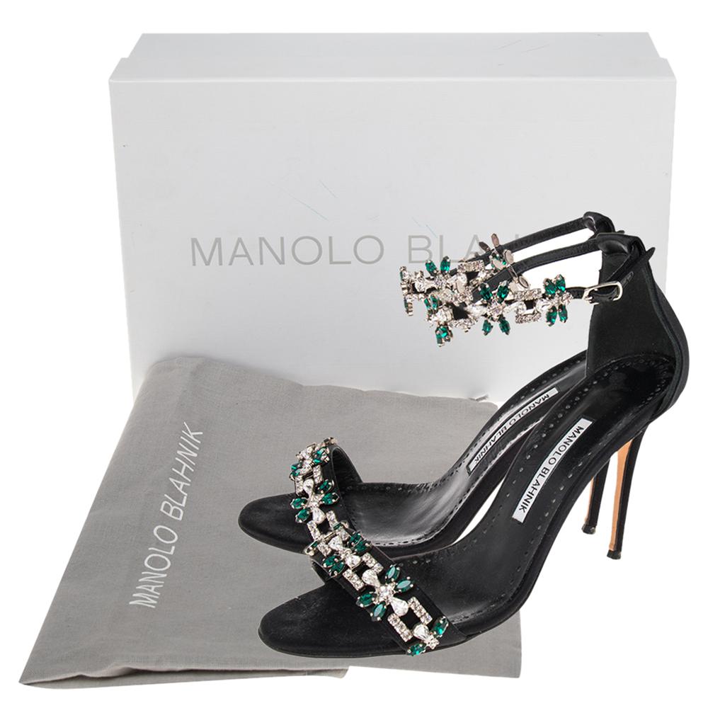 Manolo Blahnik Black Satin Embellished Ankle Strap Sandals Size 38.5 3
