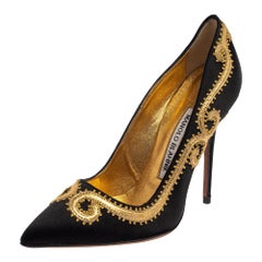 Manolo Blahnik Black Satin Embroidered Pointed Toe Pumps Size 34.5