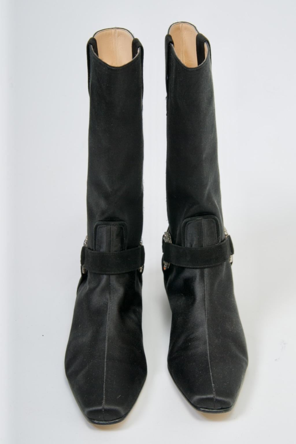 Manolo Blahnik Black Satin Evening Boots In Excellent Condition For Sale In Alford, MA