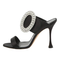 Manolo Blahnik Black Satin Fibiona Slide Sandals Size 40