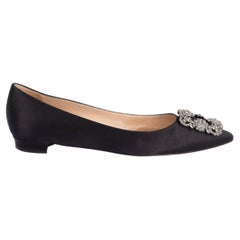 MANOLO BLAHNIK black satin HANGISI Ballet Flats Shoes 38