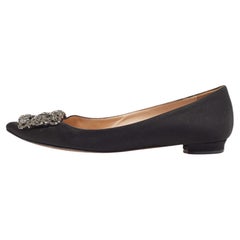 Used Manolo Blahnik Black Satin Hangisi Ballet Flats Size 36