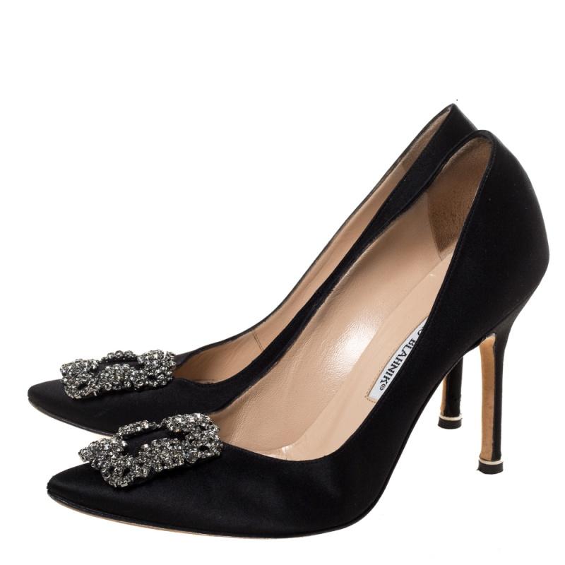 Manolo Blahnik Black Satin Hangisi Crystal Embellished Pointed Toe Pumps Size 37 1