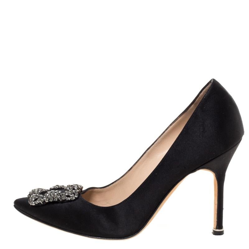 Manolo Blahnik Black Satin Hangisi Crystal Embellished Pointed Toe Pumps Size 37 3