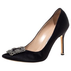 Manolo Blahnik Black Satin Hangisi Crystal Embellished Pointed Toe Pumps Size 37