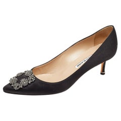 Manolo Blahnik Black Satin Hangisi Embellished Pumps Size 37.5