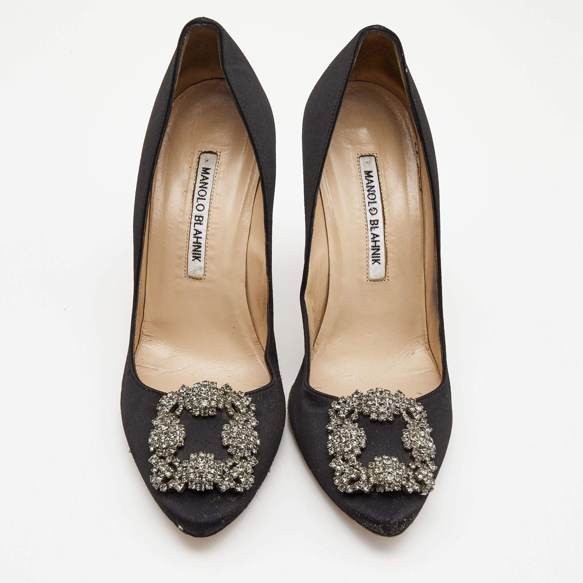 Manolo Blahnik is well-known for his graceful designs, and his label is synonymous with opulence, femininity, and elegance. These Hangisi pumps are crafted into a pointed-toe silhouette augmented by the embellishments perched on the uppers. They are