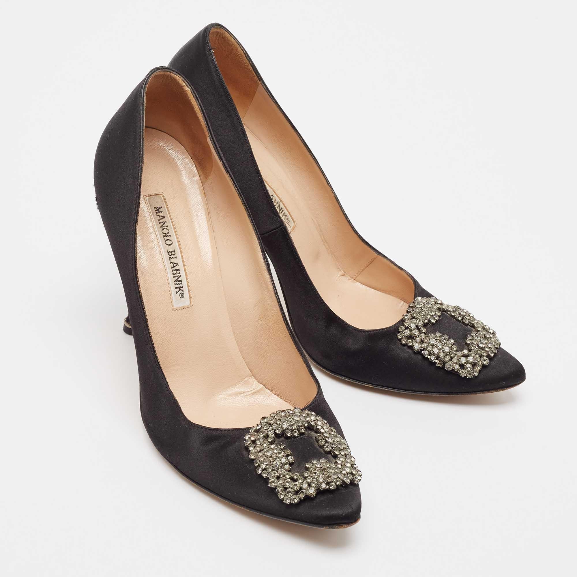 Women's Manolo Blahnik Black Satin Hangisi Pumps Size 40
