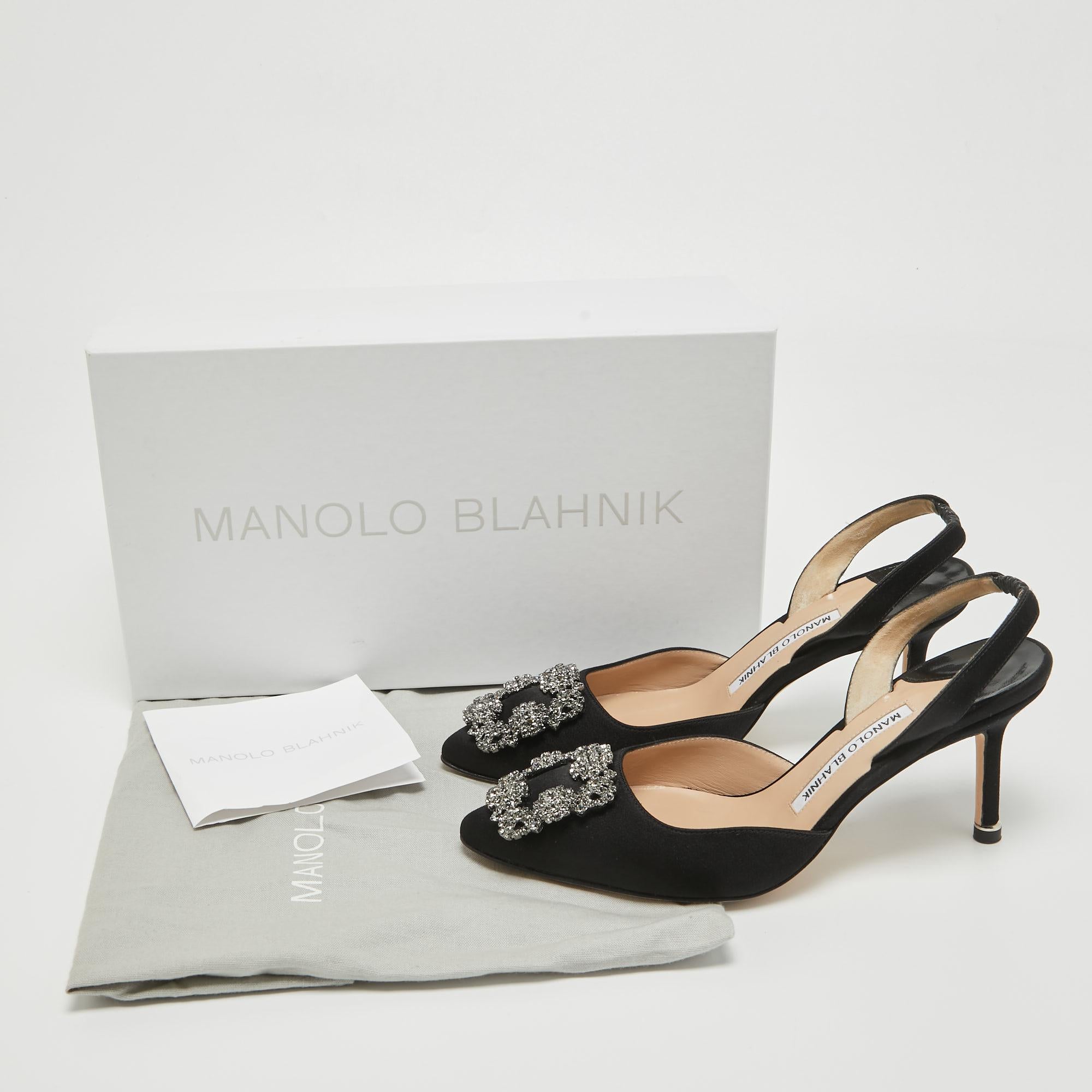 Manolo Blahnik Black Satin Hangisli Slingback Pumps Size 37 5