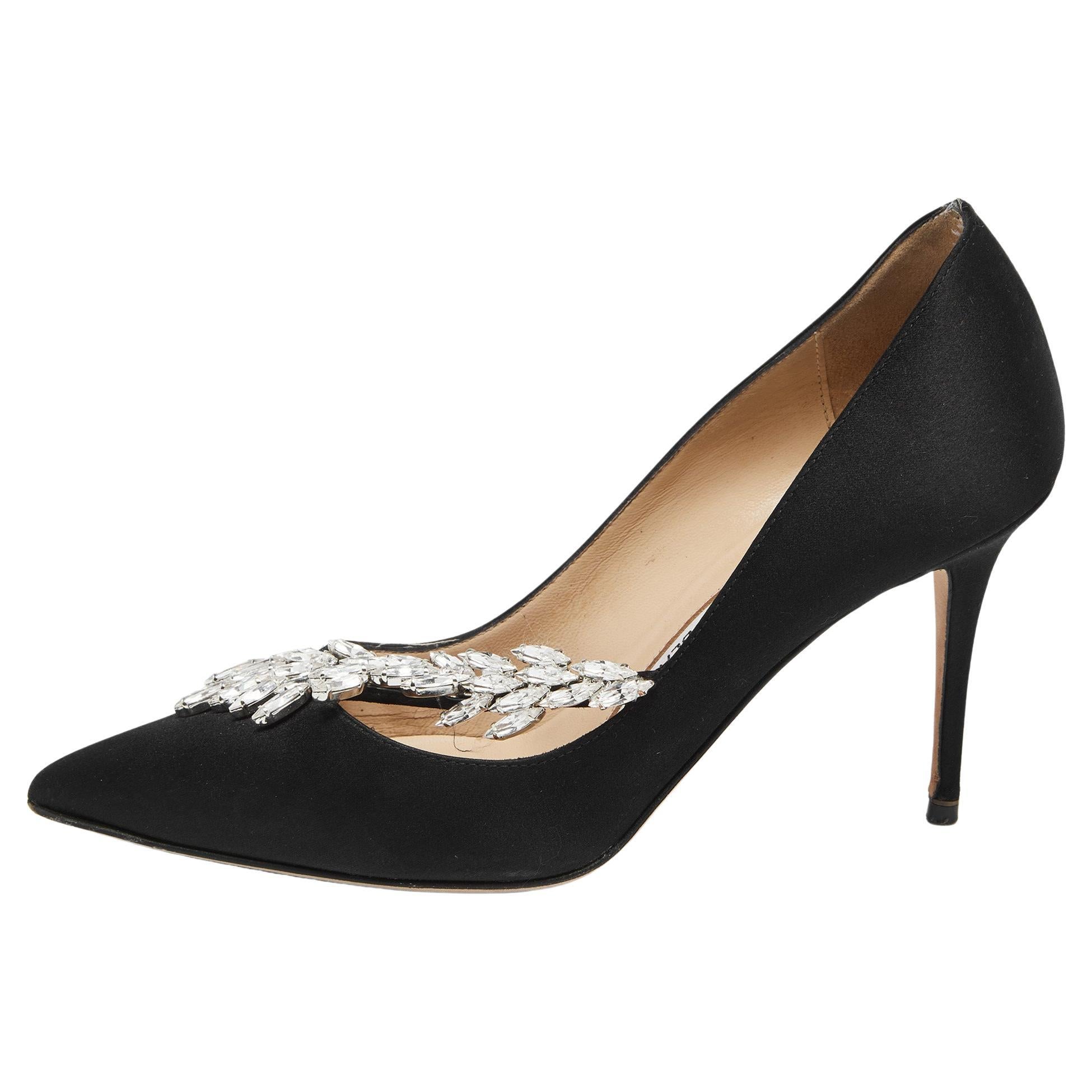 Manolo Blahnik Black Satin Jewel Nadira Pointed Toe Pumps Size 35