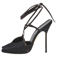 Manolo Blahnik Noir Satin & Leather Square Peep-Toe Ankle-Tie Sandals Size 38.5