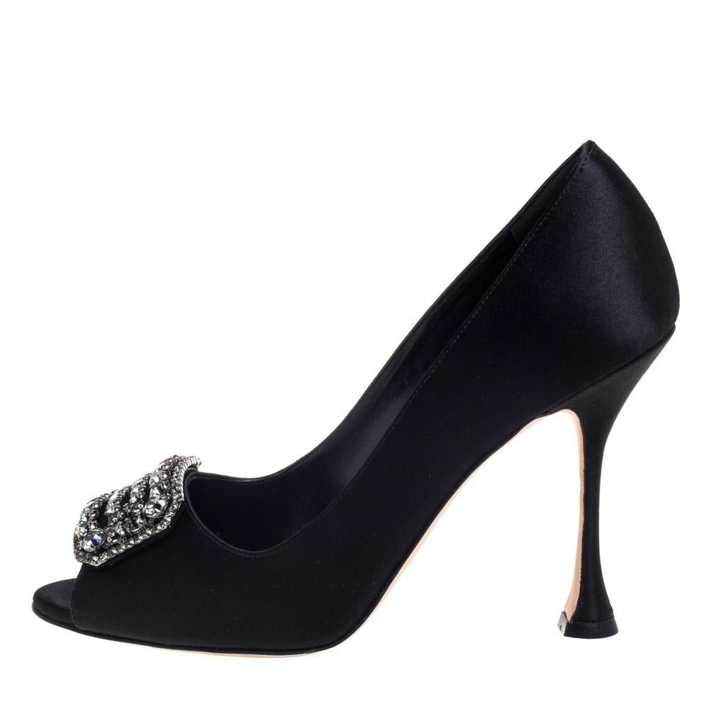 Manolo Blahnik Black Satin Matik Crystal Embellished Peep Toe Pumps Size 36.5 1