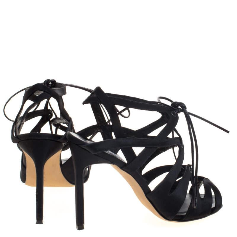 Manolo Blahnik Black Satin Netochka Cage Lace-up Sandals Size 38 For Sale 1