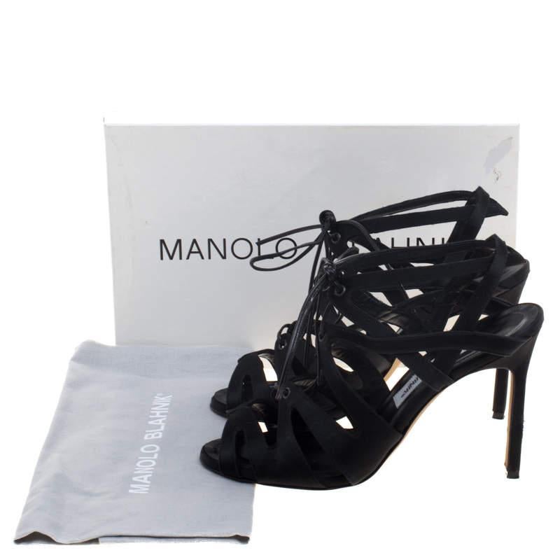 Manolo Blahnik Black Satin Netochka Cage Lace-up Sandals Size 38 For Sale 4