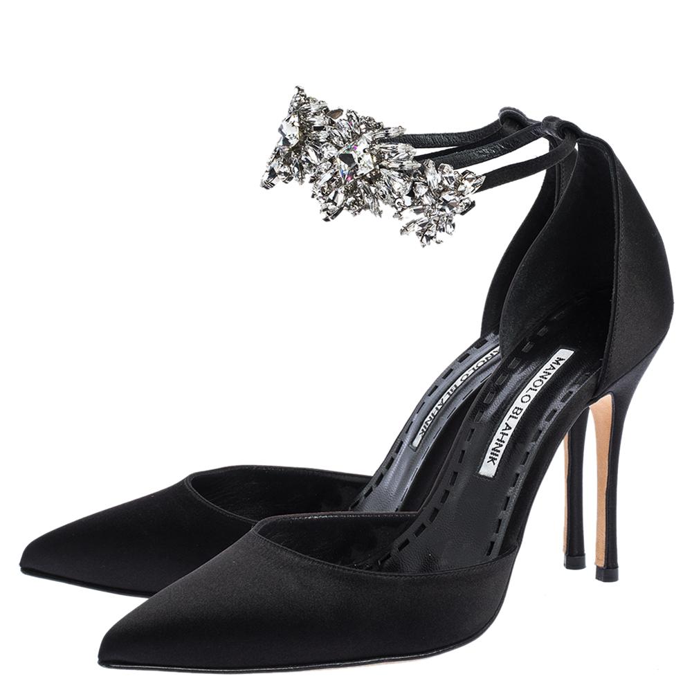 Manolo Blahnik Black Satin Sicariata Ankle Strap Pumps Size 38.5 1