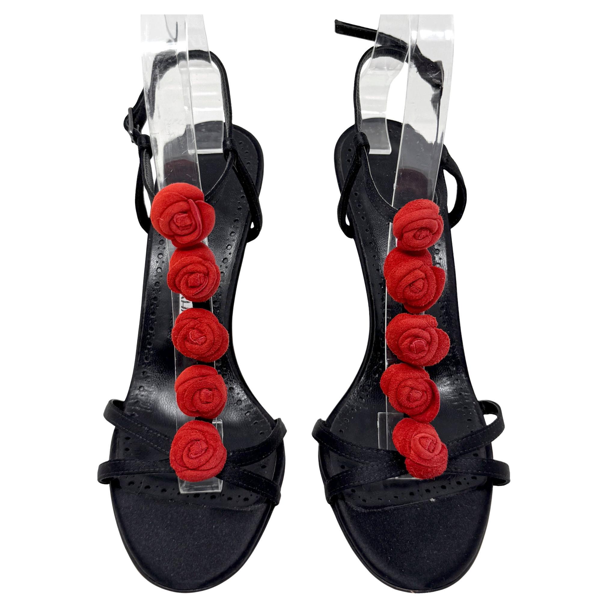 Manolo Blahnik Schwarz Satin Stiletto Sandalen Rot Rose Verschönerung Größe 37.5