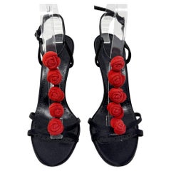 Manolo Blahnik Black Satin Stiletto Sandals‎ Red Rose Embellishment Size 37.5