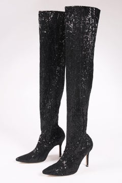 Manolo Blahnik Black Sequin Stretch Thigh High High-Heeled Boots NBW