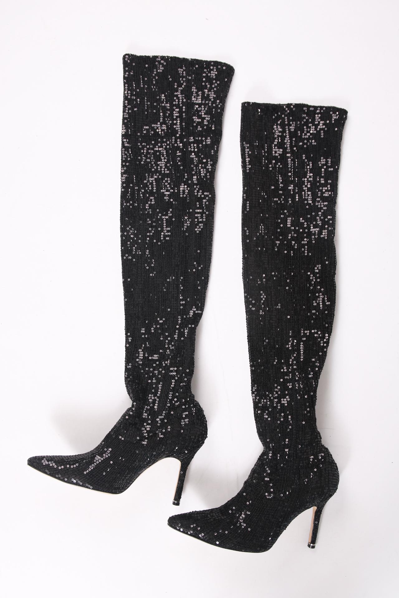 black sequin thigh high boots