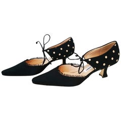 Manolo Blahnik Black Silk Heels With White Dots. New. Size 40