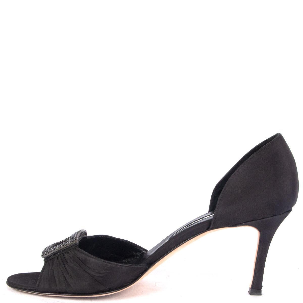 MANOLO BLAHNIK schwarze Seiden-Satin-Sandalen mit KRISTALLVERZIERUNG, Schuhe 38 (Schwarz) im Angebot