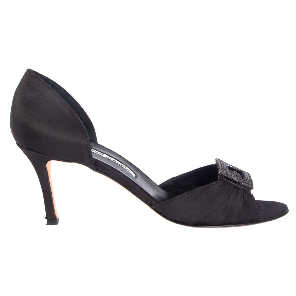 MANOLO BLAHNIK schwarze Seiden-Satin-Sandalen mit KRISTALLVERZIERUNG, Schuhe 38 im Angebot