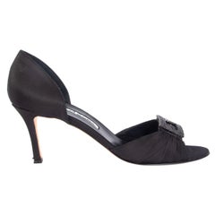 Used MANOLO BLAHNIK black silk satin CRYSTAL EMBELLISHED Sandals Shoes 38