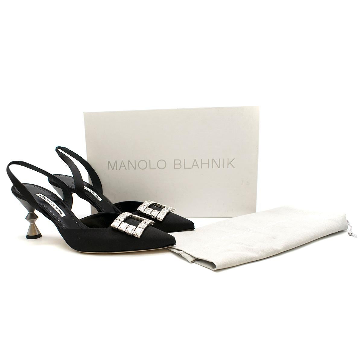 Manolo Blahnik Spuriasli Black Satin Crystal Embellished Pumps

- Spuriasli black satin pumps
- Featuring pointed toe
- Front with crystal embellishment
- Architectural high heel
- Slingback strap 
- Leather insole and sole

This item comes with the