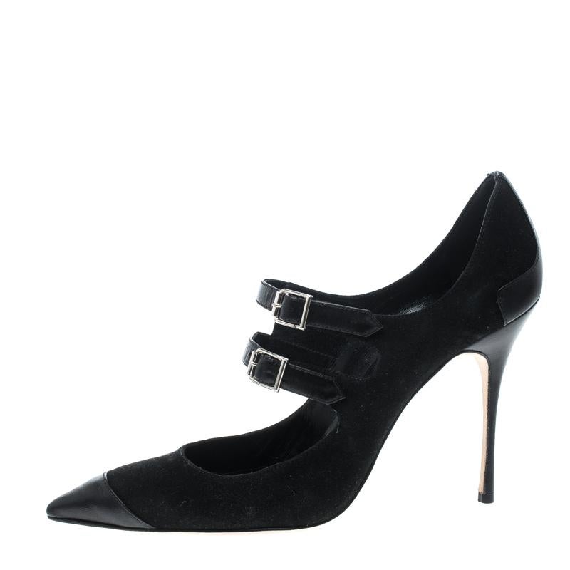 Nothing like an eccentric pair of heels to look and feel like a diva. Crafted out of suede in black, this Manolo Blahnik number features pointed cap toes, dual buckle details, and 11 cm heels.

Includes: The Luxury Closet Packaging

