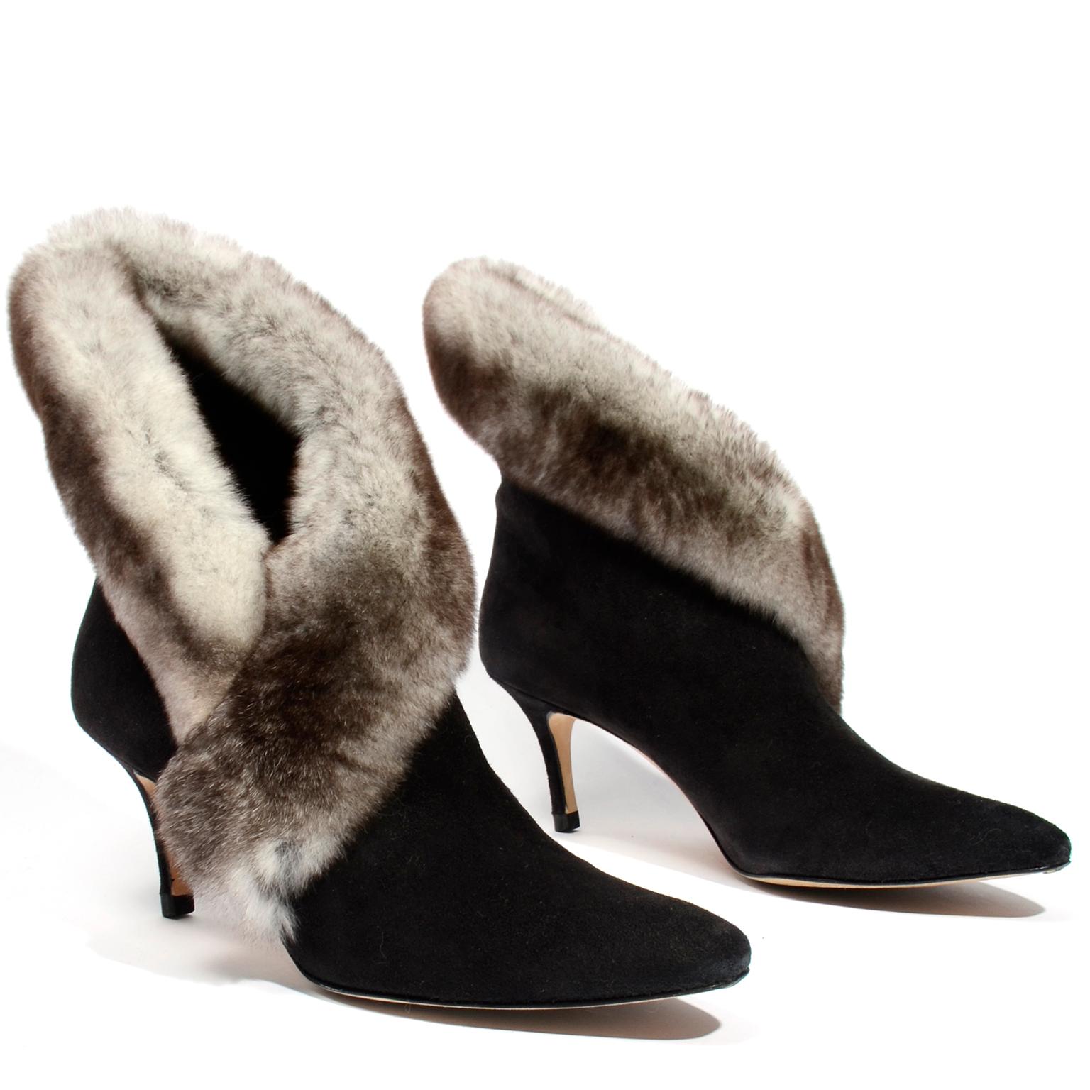 Women's  Manolo Blahnik Black Suede Booties W Heels & Luxe Mink Trim w Box & Shoe Bags