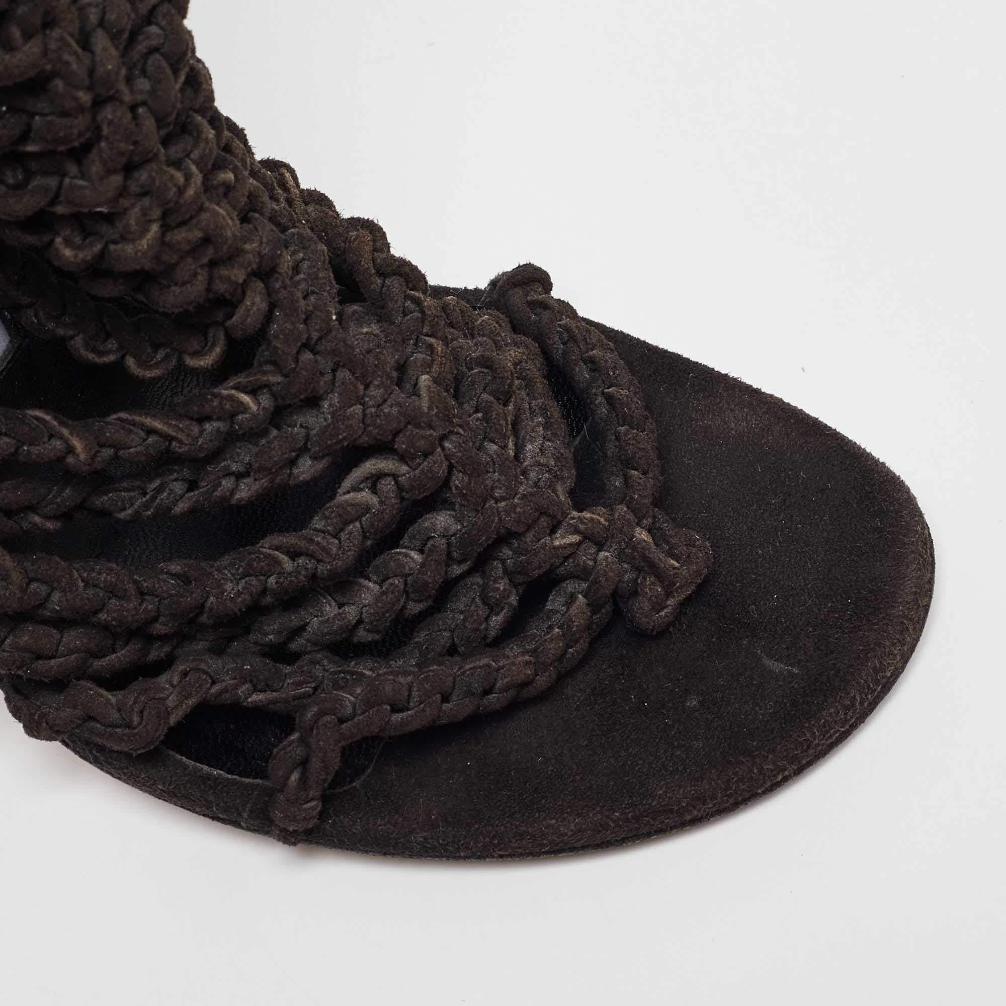 Manolo Blahnik Black Suede Braided Ankle Strap Sandals Size 36.5 For Sale 3