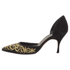 Manolo Blahnik Black Suede Embroidered Volta D'Orsay Pumps Size 37.5