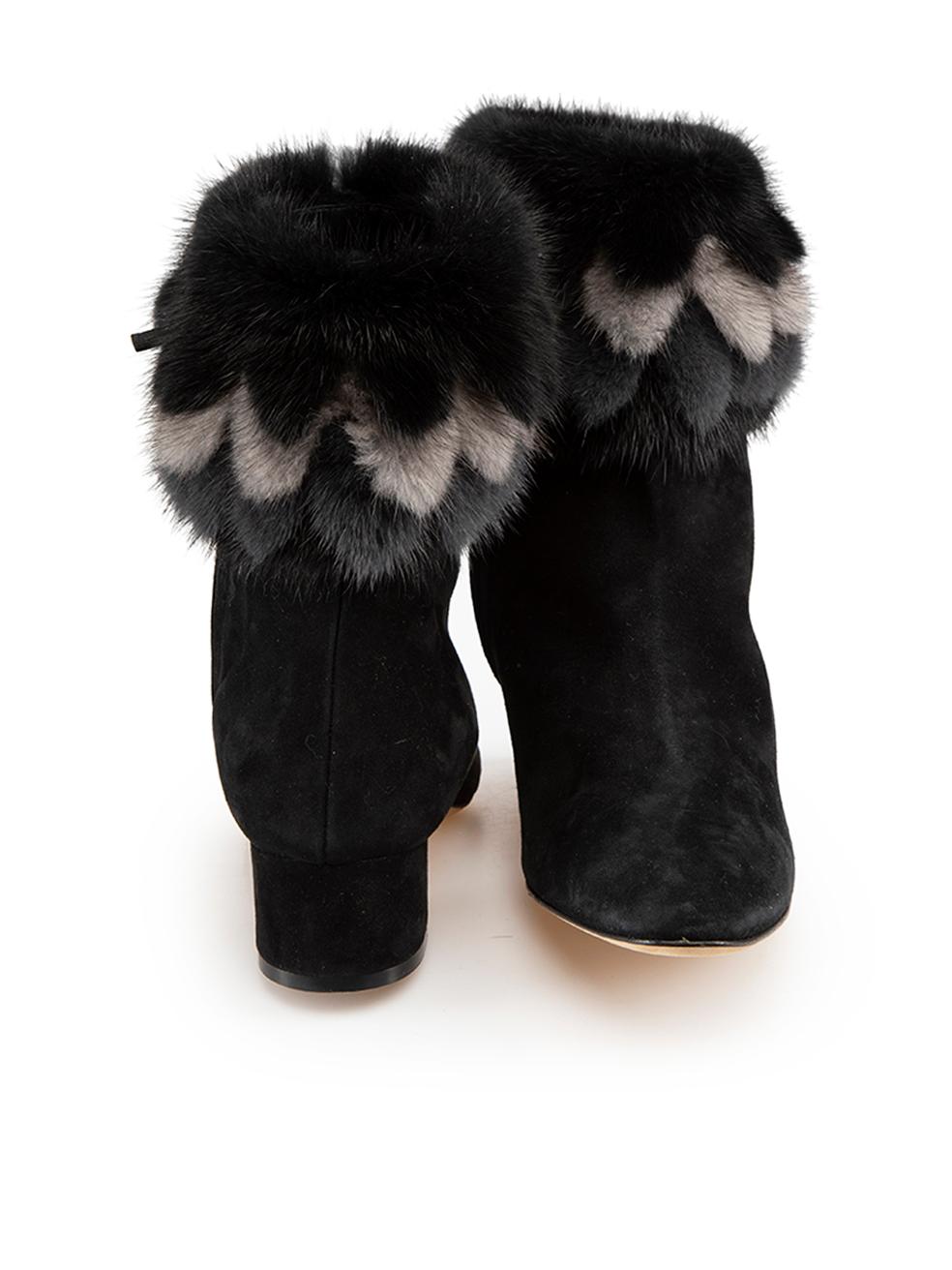 Manolo Blahnik Black Suede Fur Trim Ankle Boots Size IT 38.5 In Good Condition For Sale In London, GB