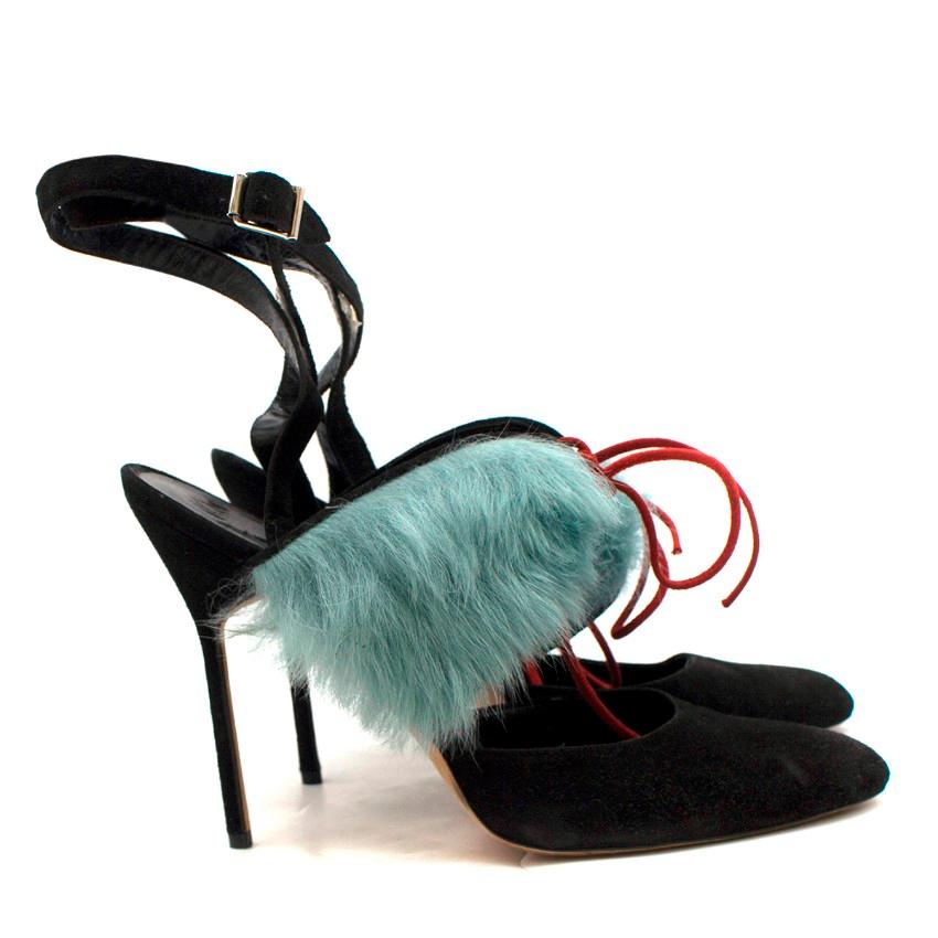 Manolo Blahnik Black Suede Fur Trim Lace-Up Sandals 40 In Good Condition In London, GB
