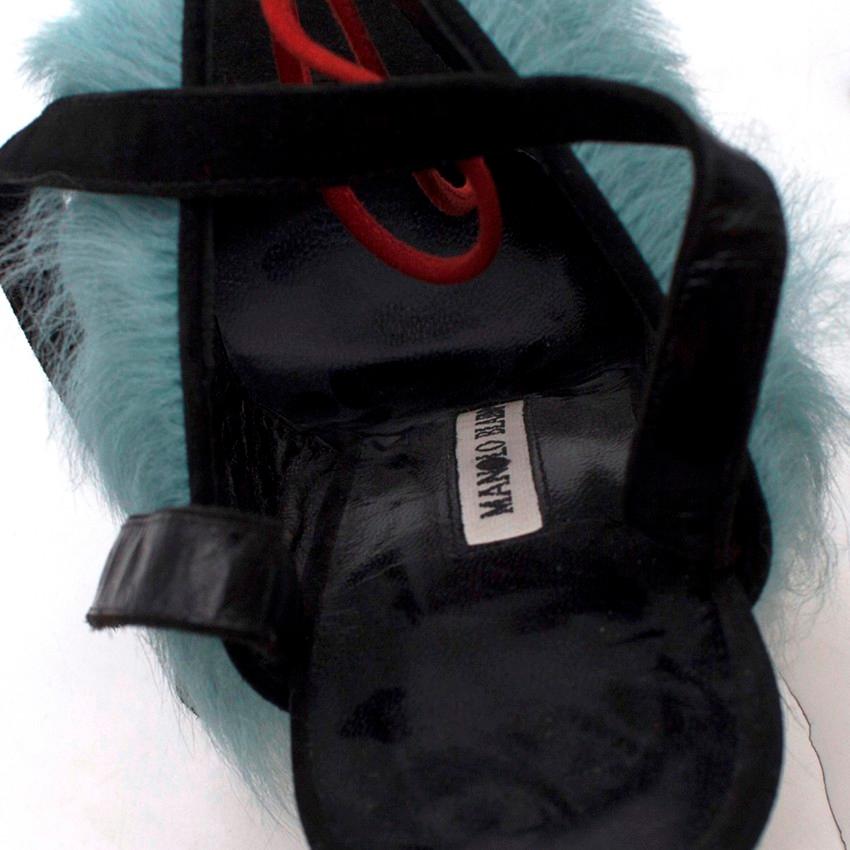 Manolo Blahnik Black Suede Fur Trim Lace-Up Sandals 40 2