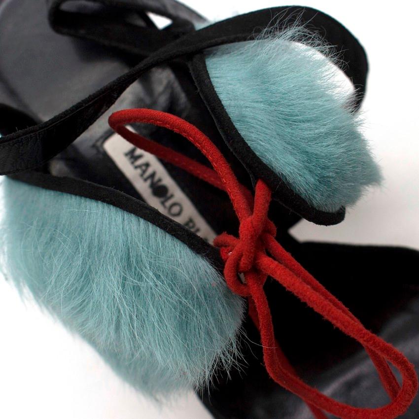 Manolo Blahnik Black Suede Fur Trim Lace-Up Sandals 40 3