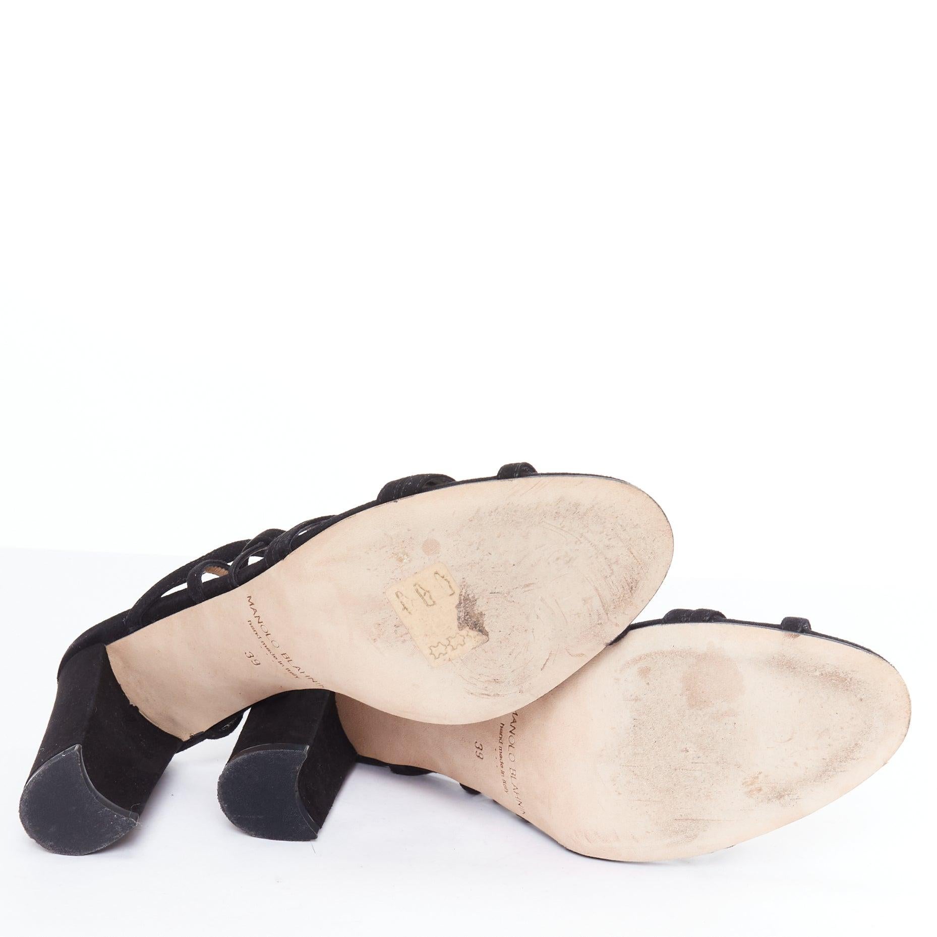 MANOLO BLAHNIK cuir velours noir lacets talons bloc à lanières EU39 en vente 6