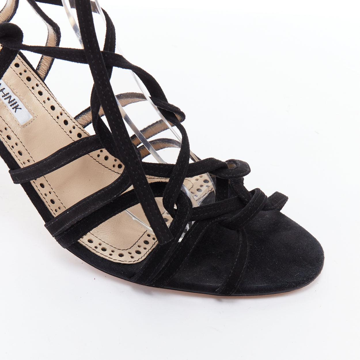 MANOLO BLAHNIK cuir velours noir lacets talons bloc à lanières EU39 en vente 2