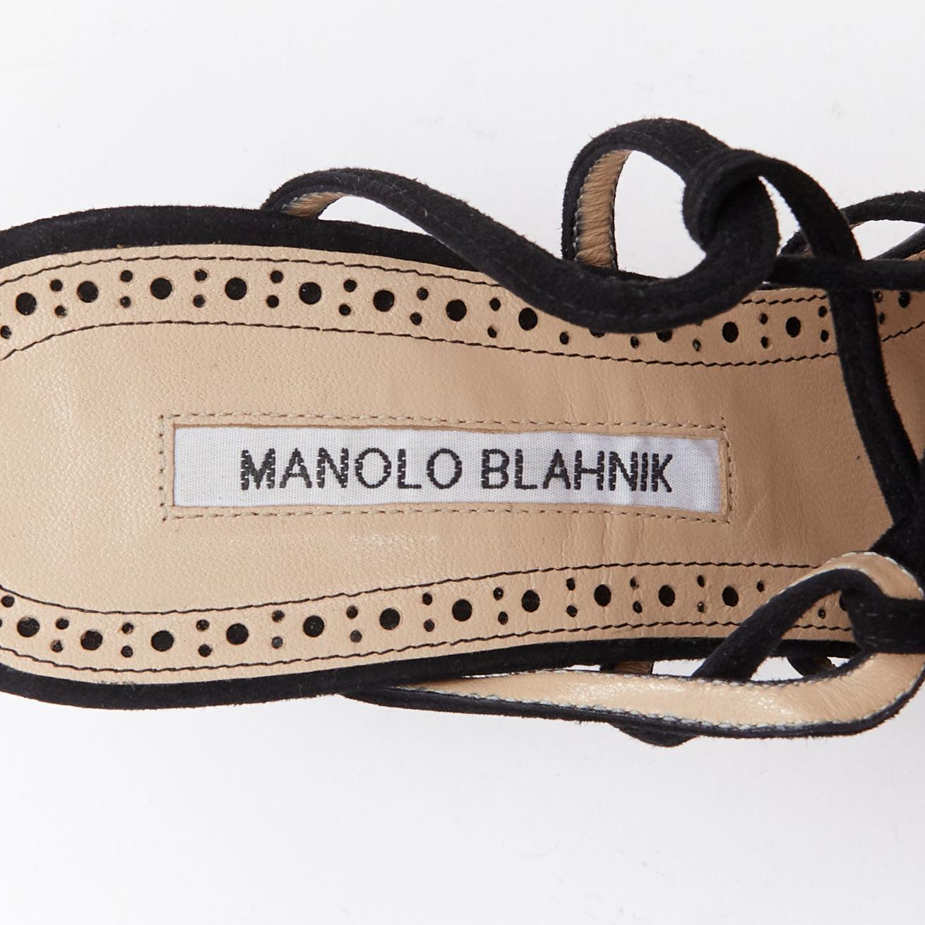 MANOLO BLAHNIK cuir velours noir lacets talons bloc à lanières EU39 en vente 4