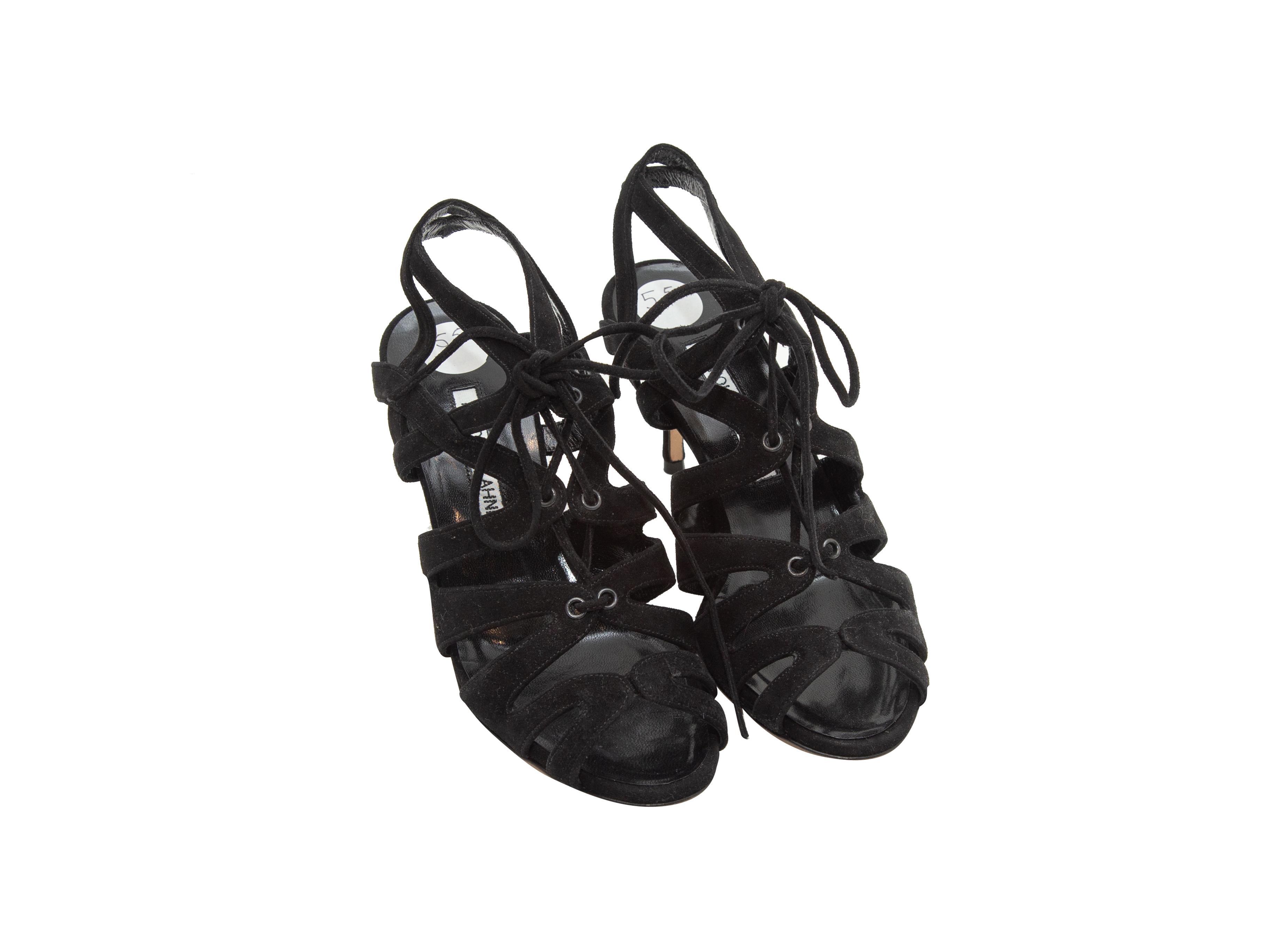 Product details: Black suede Netochka 70 cage sandals by Manolo Blahnik. Tie closures at tops. Designer size 35.5. 3