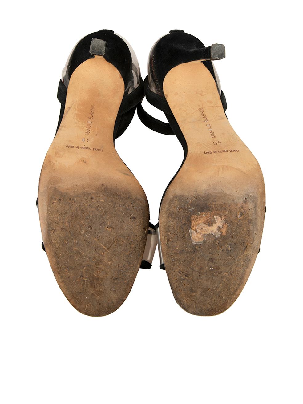 Women's Manolo Blahnik Black Suede Plexi Ankle Strap Sandals Size IT 40 For Sale