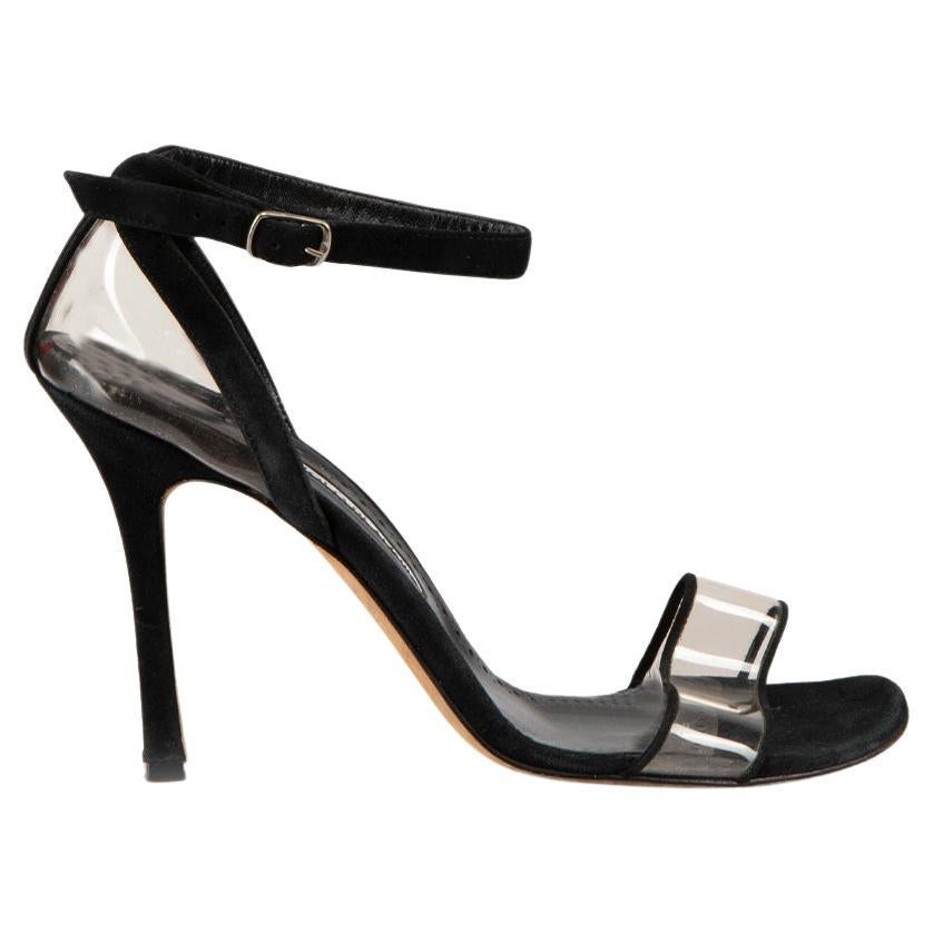 Manolo Blahnik Black Suede Plexi Ankle Strap Sandals Size IT 40 For Sale