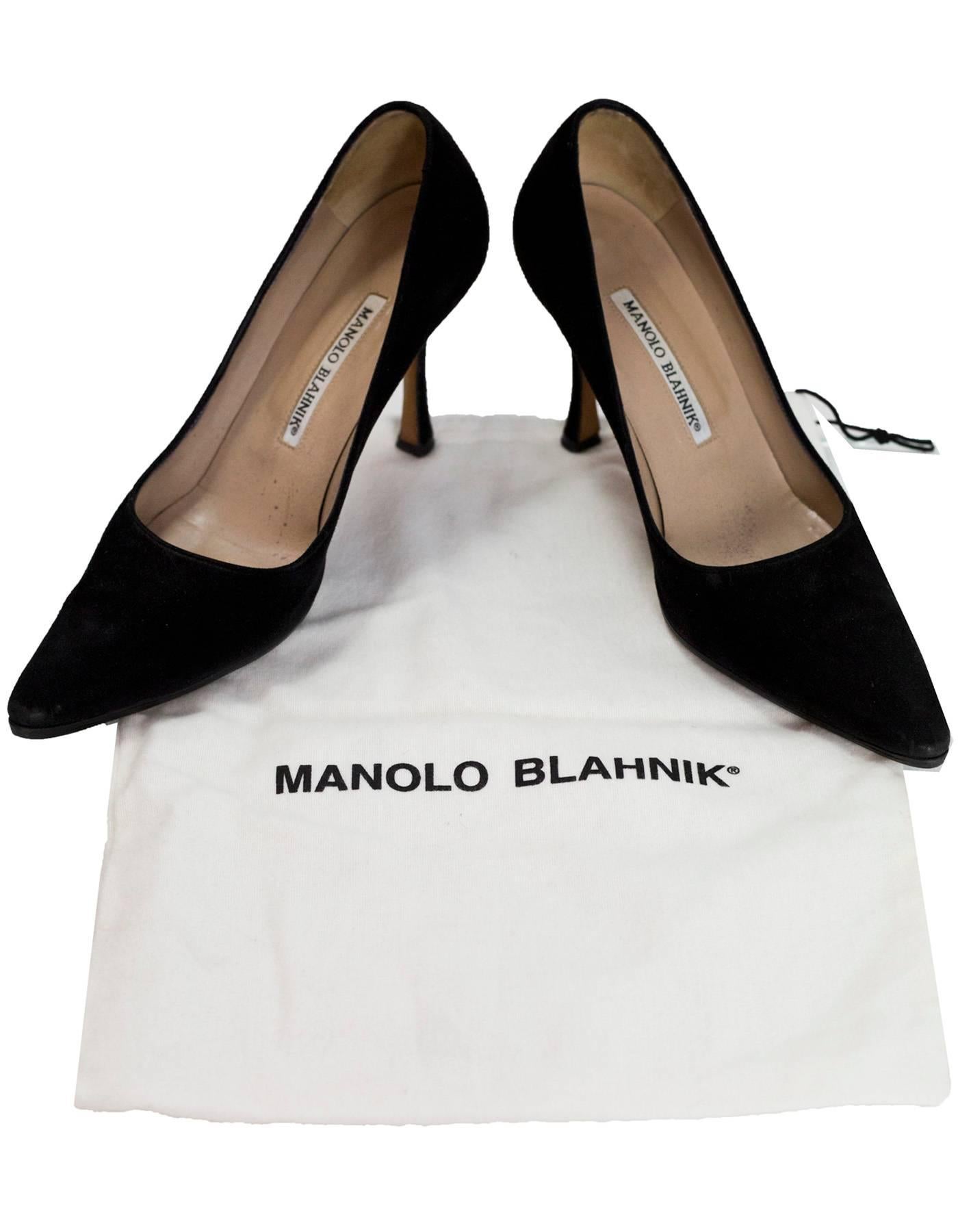 Manolo Blahnik Black Suede Point Toe Pumps Sz 37.5 In Excellent Condition In New York, NY